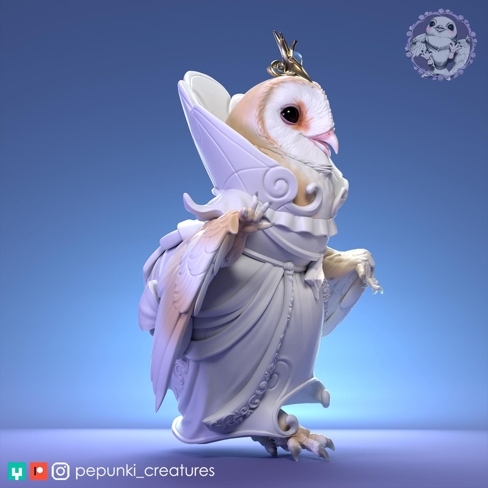 Barn Owl Princess Miniature | Tabletop RPG Miniature | Pepunki Creatures | Roleplaying 3D Printed Fantasy Mini - 3DPrintDen