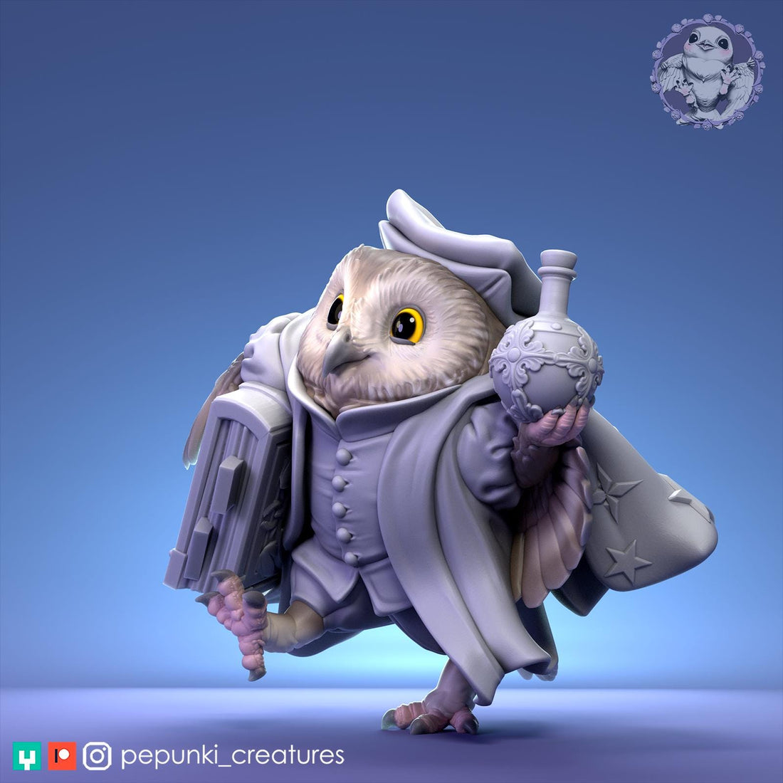 Saw-Whet Owl Secretary Miniature | Tabletop RPG Miniature | Pepunki Creatures | Roleplaying 3D Printed Fantasy Mini - 3DPrintDen
