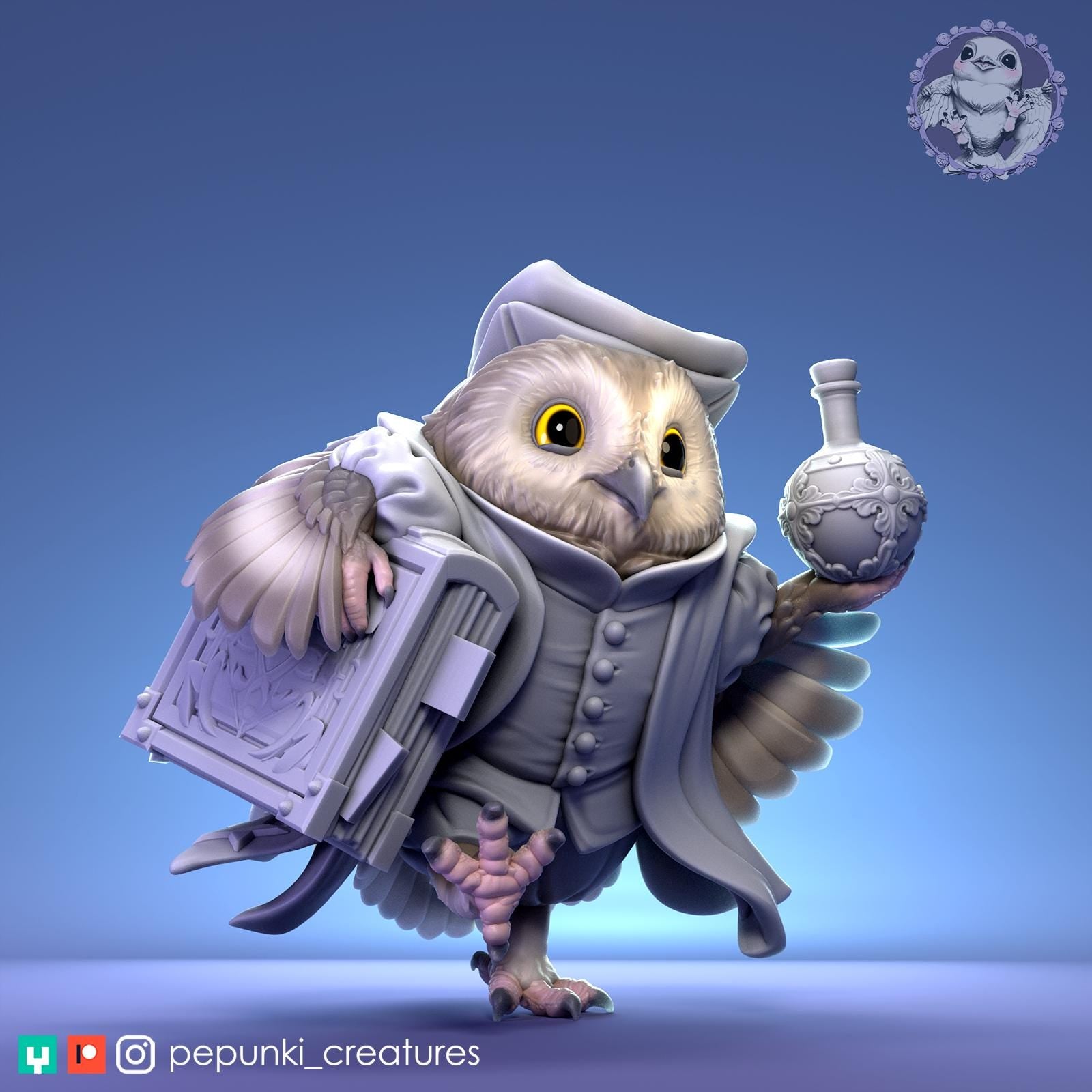Saw-Whet Owl Secretary Miniature | Tabletop RPG Miniature | Pepunki Creatures | Roleplaying 3D Printed Fantasy Mini - 3DPrintDen