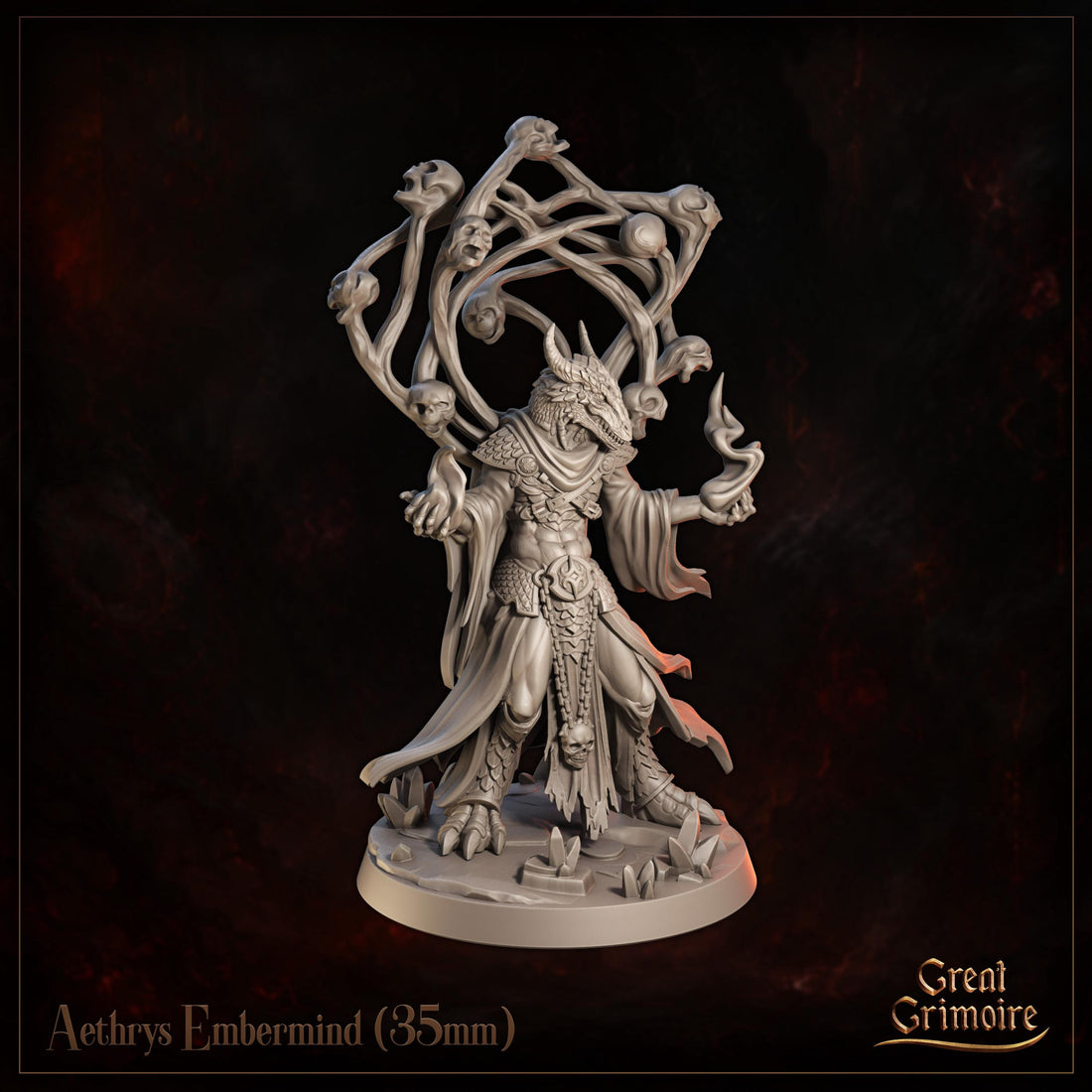 Dragonborn Spellcaster Miniature, Aethrys Embermind | Tabletop RPG Miniature | Great Grimoire | Roleplaying 3D Printed Fantasy Mini - 3DPrintDen