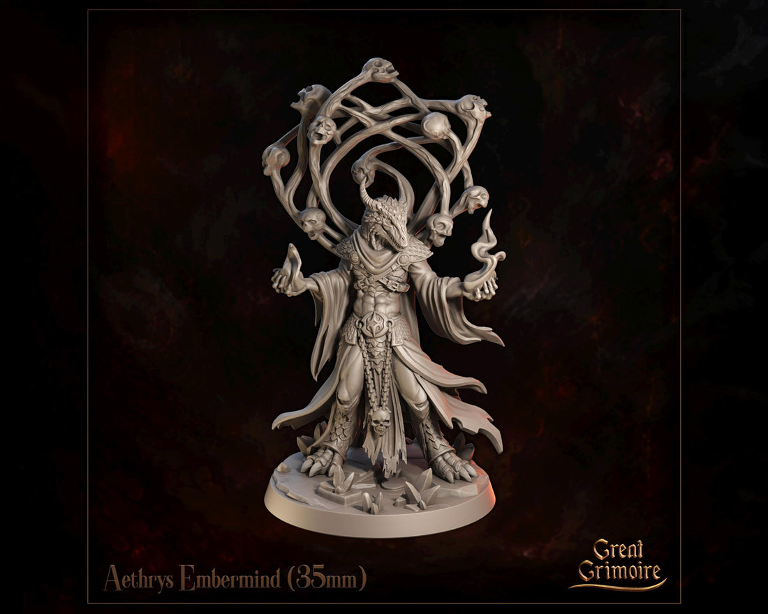 Dragonborn Spellcaster Miniature, Aethrys Embermind | Tabletop RPG Miniature | Great Grimoire | Roleplaying 3D Printed Fantasy Mini - 3DPrintDen