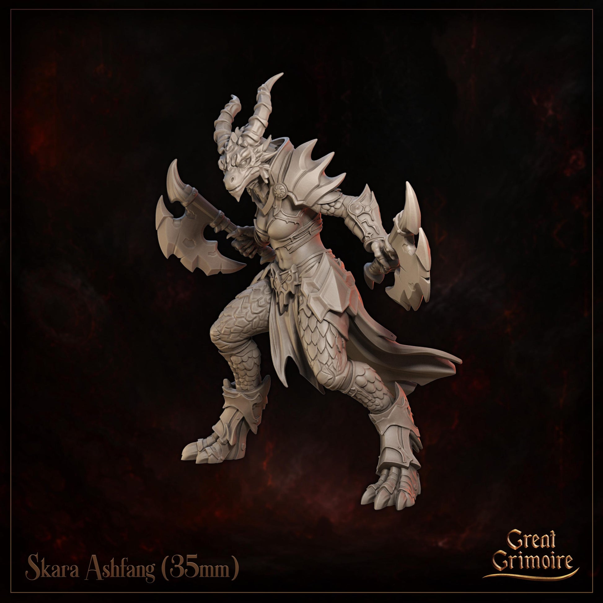 Female Dragonborn Warrior Miniature, Skara Ashfang | Tabletop RPG Miniature | Great Grimoire | Roleplaying 3D Printed Fantasy Mini - 3DPrintDen