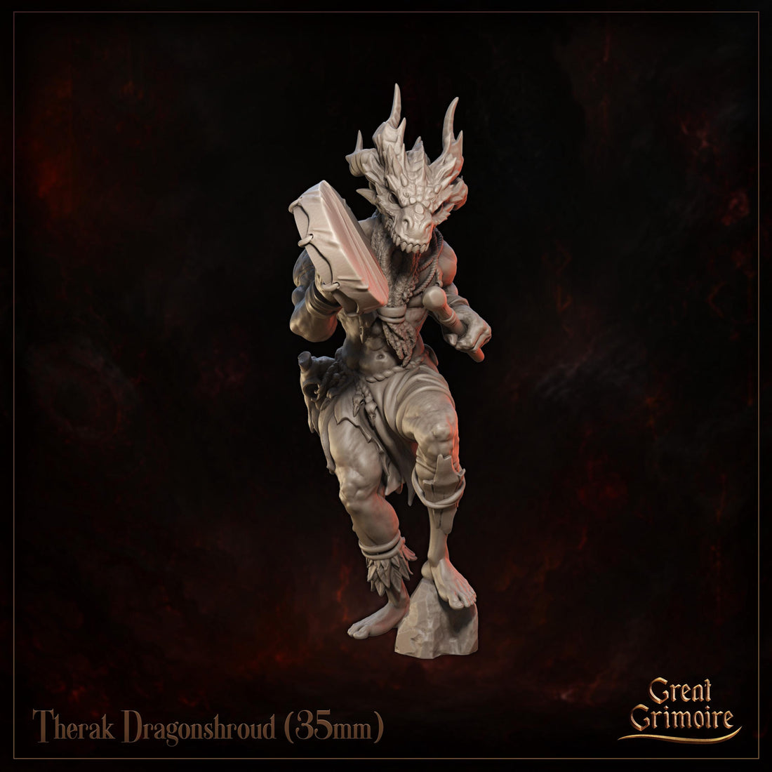 Dragonborn Shaman Miniature, Therak Dragonshroud| Tabletop RPG Miniature | Great Grimoire | Roleplaying 3D Printed Fantasy Mini - 3DPrintDen