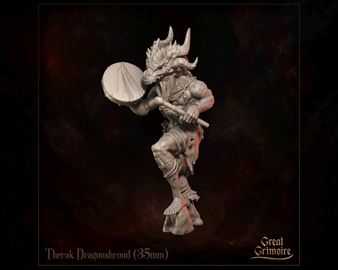 Dragonborn Shaman Miniature, Therak Dragonshroud| Tabletop RPG Miniature | Great Grimoire | Roleplaying 3D Printed Fantasy Mini - 3DPrintDen