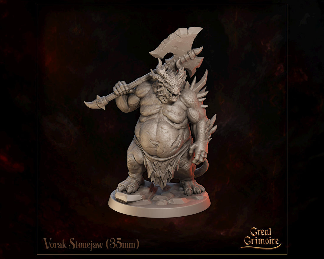 Dragonborn Veteran Miniature, Vorak Stonejaw | Tabletop RPG Miniature | Great Grimoire | Roleplaying 3D Printed Fantasy Mini - 3DPrintDen