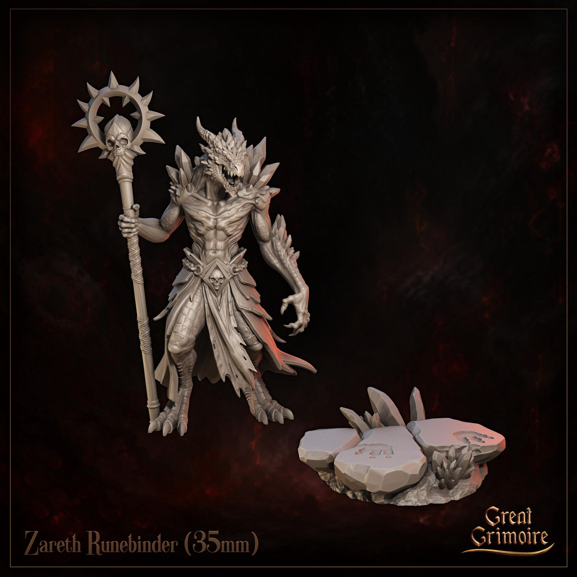Dragonborn Runesmith Miniature, Zareth Runebinder | Tabletop RPG Miniature | Great Grimoire | Roleplaying 3D Printed Fantasy Mini - 3DPrintDen