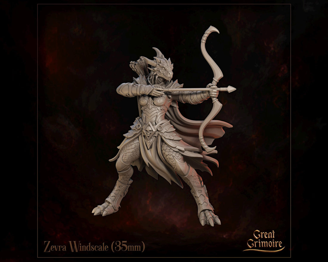Female Dragonborn Archer Miniature, Zevra Windscale | Tabletop RPG Miniature | Great Grimoire | Roleplaying 3D Printed Fantasy Mini - 3DPrintDen