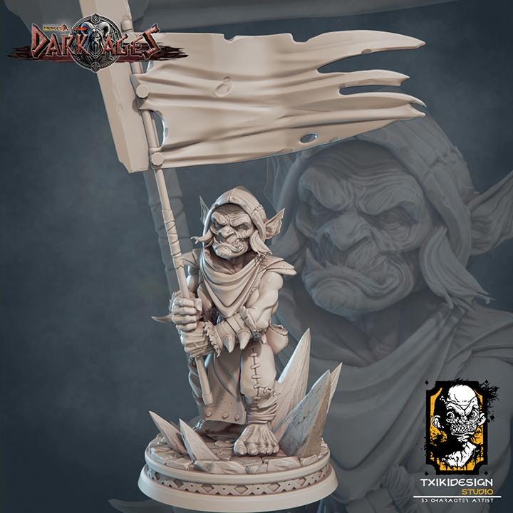 Goblin Banner Miniature | Tabletop RPG Miniature | Javier Txiki Tejedor | Roleplaying 3D Printed Fantasy Mini - 3DPrintDen