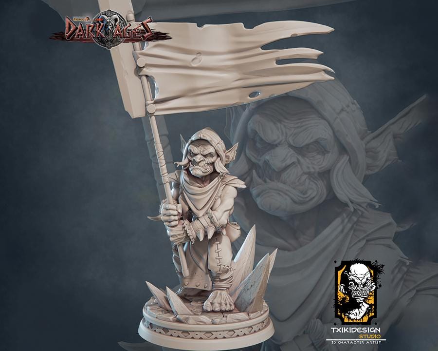 Goblin Banner Miniature | Tabletop RPG Miniature | Javier Txiki Tejedor | Roleplaying 3D Printed Fantasy Mini - 3DPrintDen