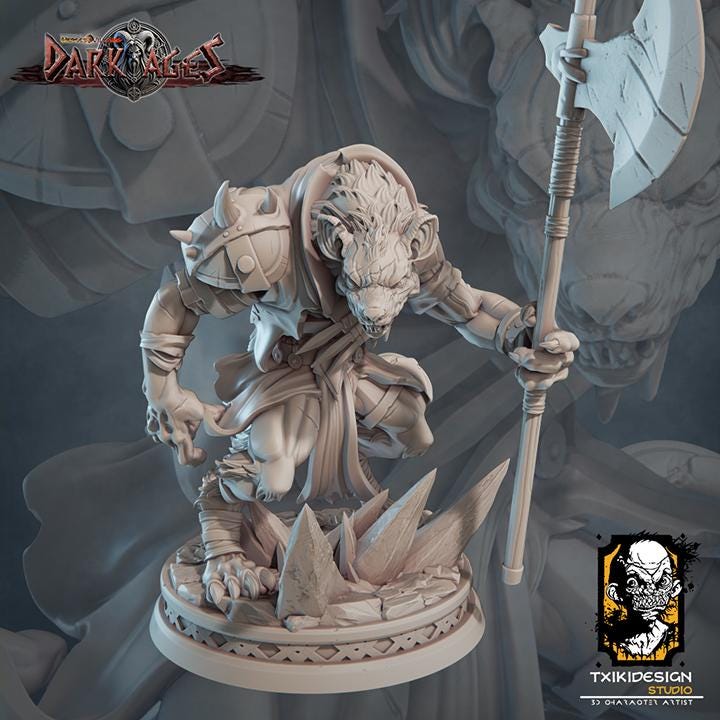 Hyena Warrior Miniature | Tabletop RPG Miniature | Javier Txiki Tejedor | Roleplaying 3D Printed Fantasy Mini - 3DPrintDen
