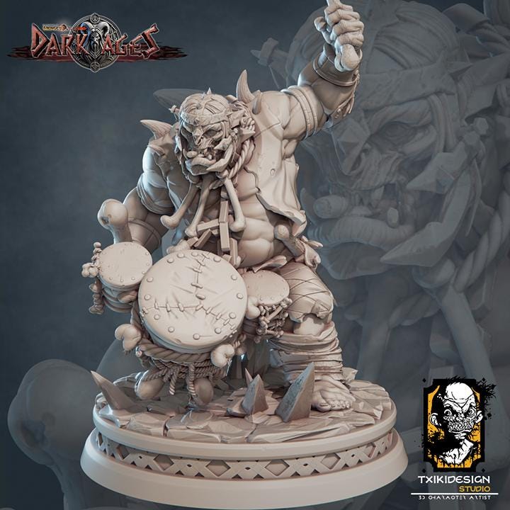 Orc War Drums Miniature | Tabletop RPG Miniature | Javier Txiki Tejedor | Roleplaying 3D Printed Fantasy Mini - 3DPrintDen