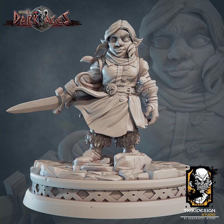 Female Gnome Warrior Miniature | Tabletop RPG Miniature | Javier Txiki Tejedor | Roleplaying 3D Printed Fantasy Mini - 3DPrintDen