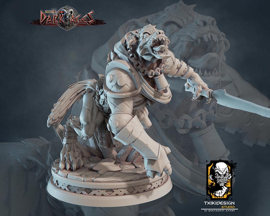 Hyena Warrior Miniature | Tabletop RPG Miniature | Javier Txiki Tejedor | Roleplaying 3D Printed Fantasy Mini - 3DPrintDen