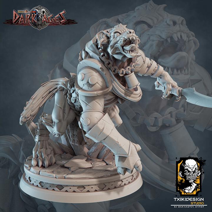 Hyena Warrior Miniature | Tabletop RPG Miniature | Javier Txiki Tejedor | Roleplaying 3D Printed Fantasy Mini - 3DPrintDen