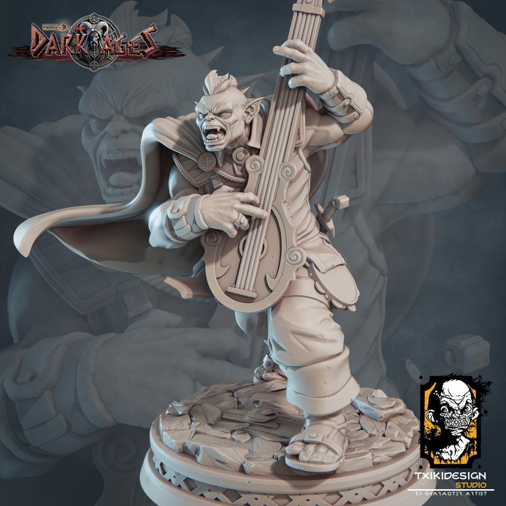 Orc Battle Bard Miniature | Tabletop RPG Miniature | Javier Txiki Tejedor | Roleplaying 3D Printed Fantasy Mini - 3DPrintDen